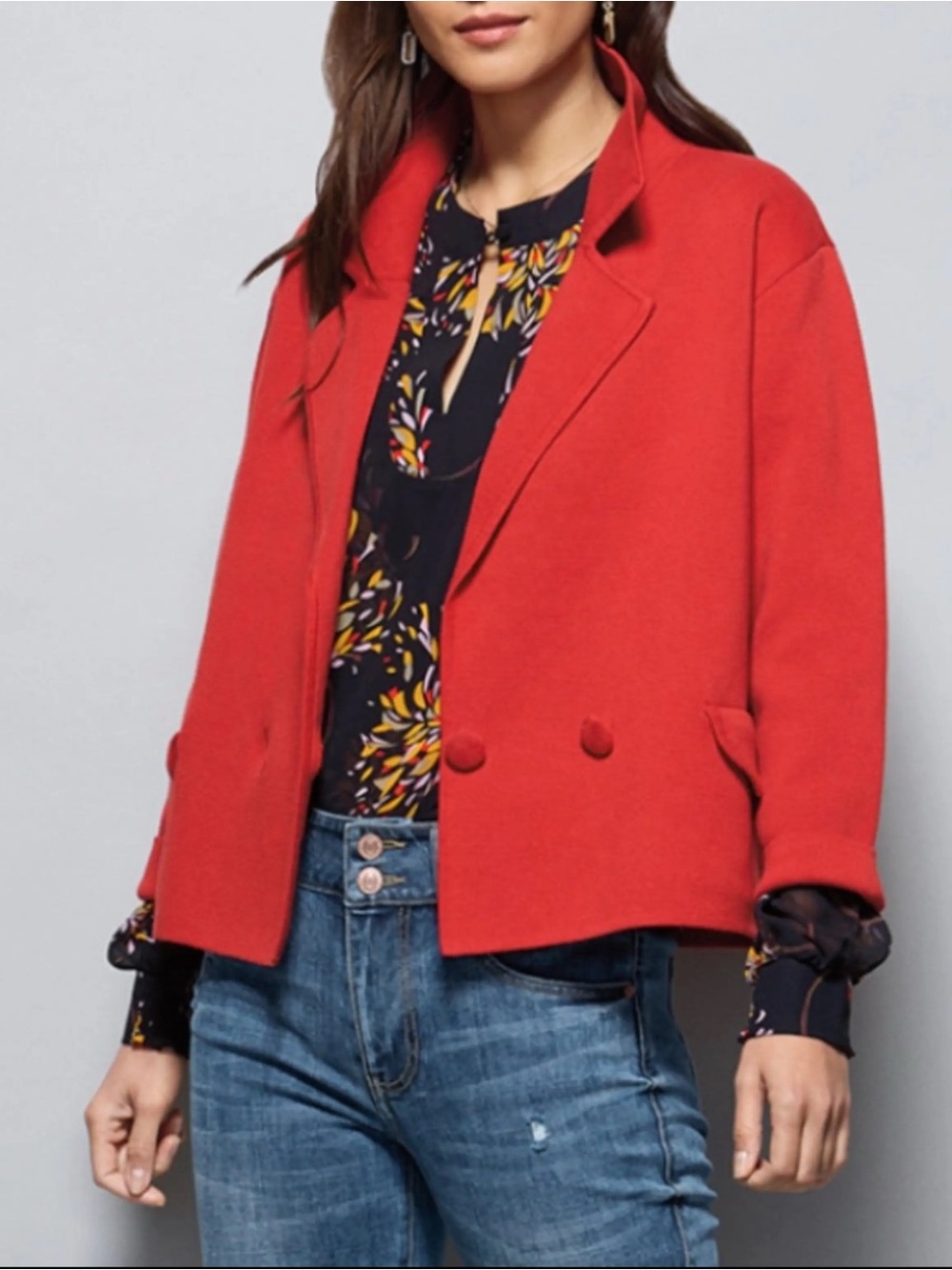CAbi Red Cropped Double-Button Blazer